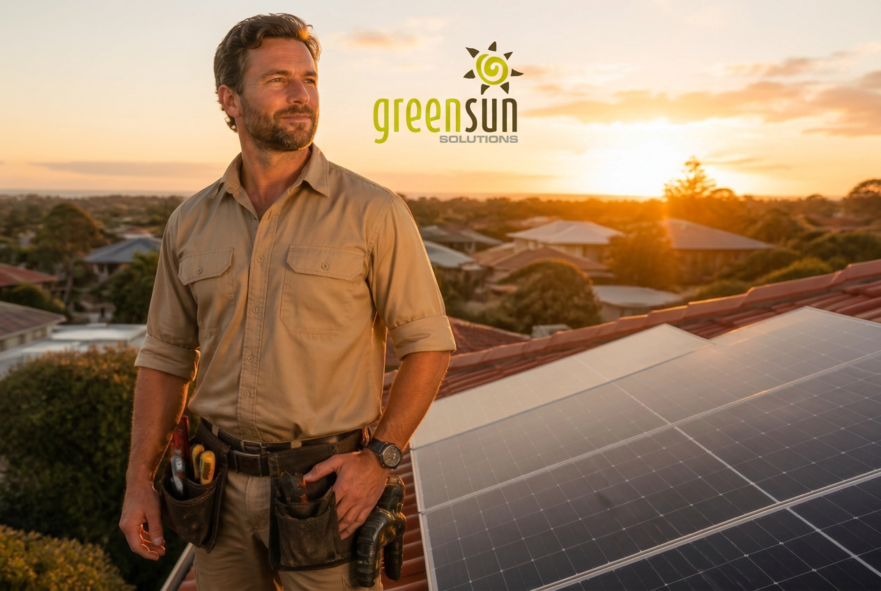 Solar installer on a rooftop at sunset in Western Australia
